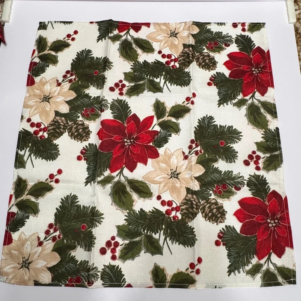 Set 7 St Nicholas Square Christmas Poinsettia Cloth Napkins Red Green Floral Vtg